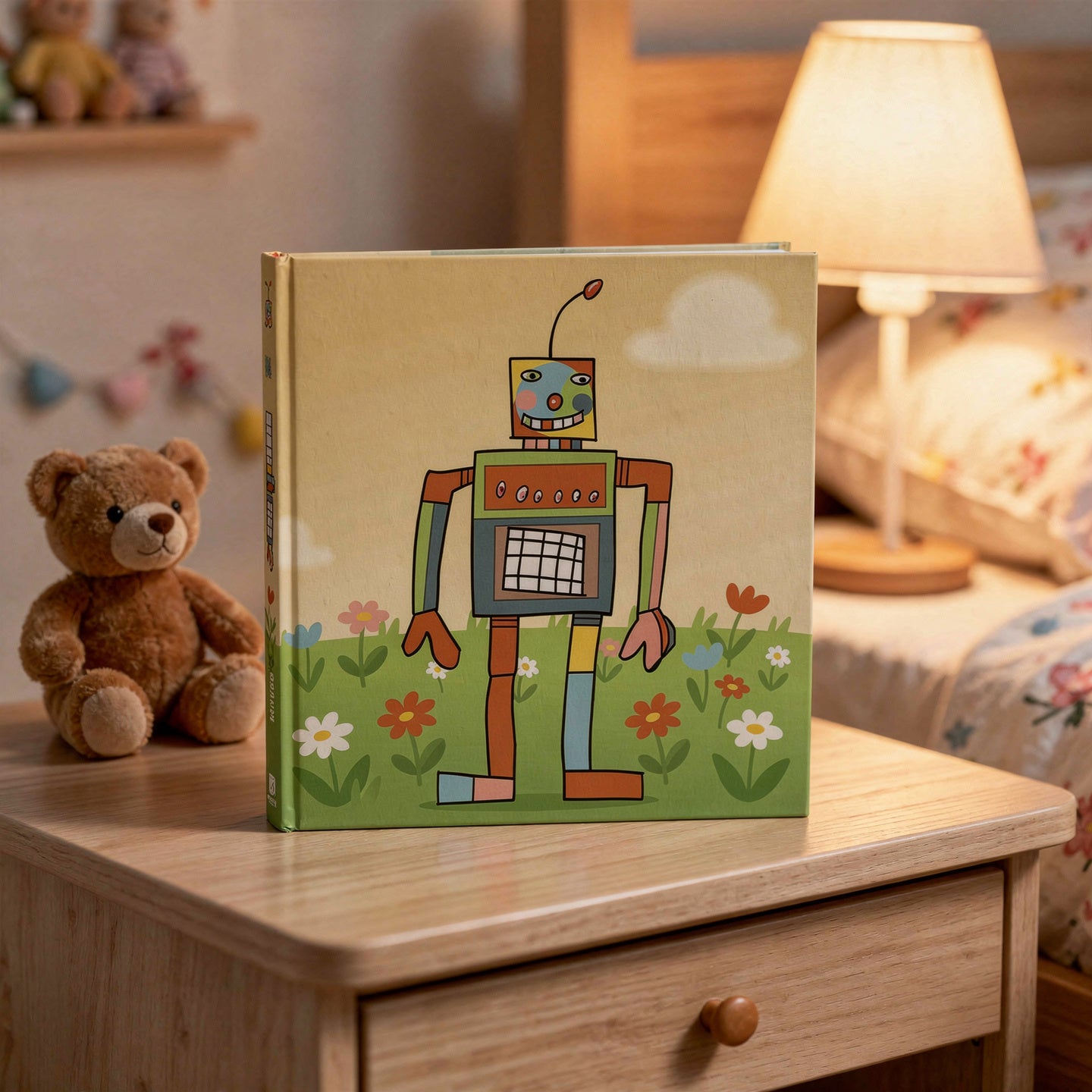 KrixelBook Hardcover mit Roboter-Cover auf dem Nachttisch neben Teddy – personalisiertes Vorlesebuch
