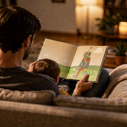 Elternteil liest Kind aus dem personalisierten KrixelBook Hardcover vor – Roboter-Bilderbuch
