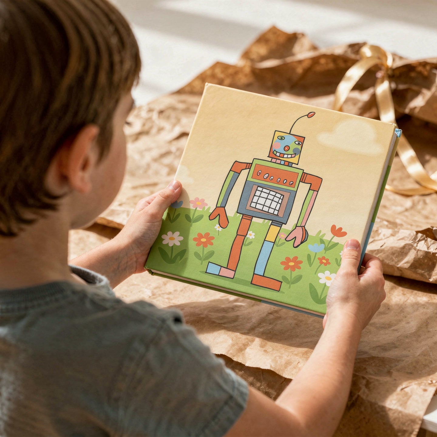 Kind entdeckt sein KrixelBook Hardcover als Geschenk – Roboter-Cover