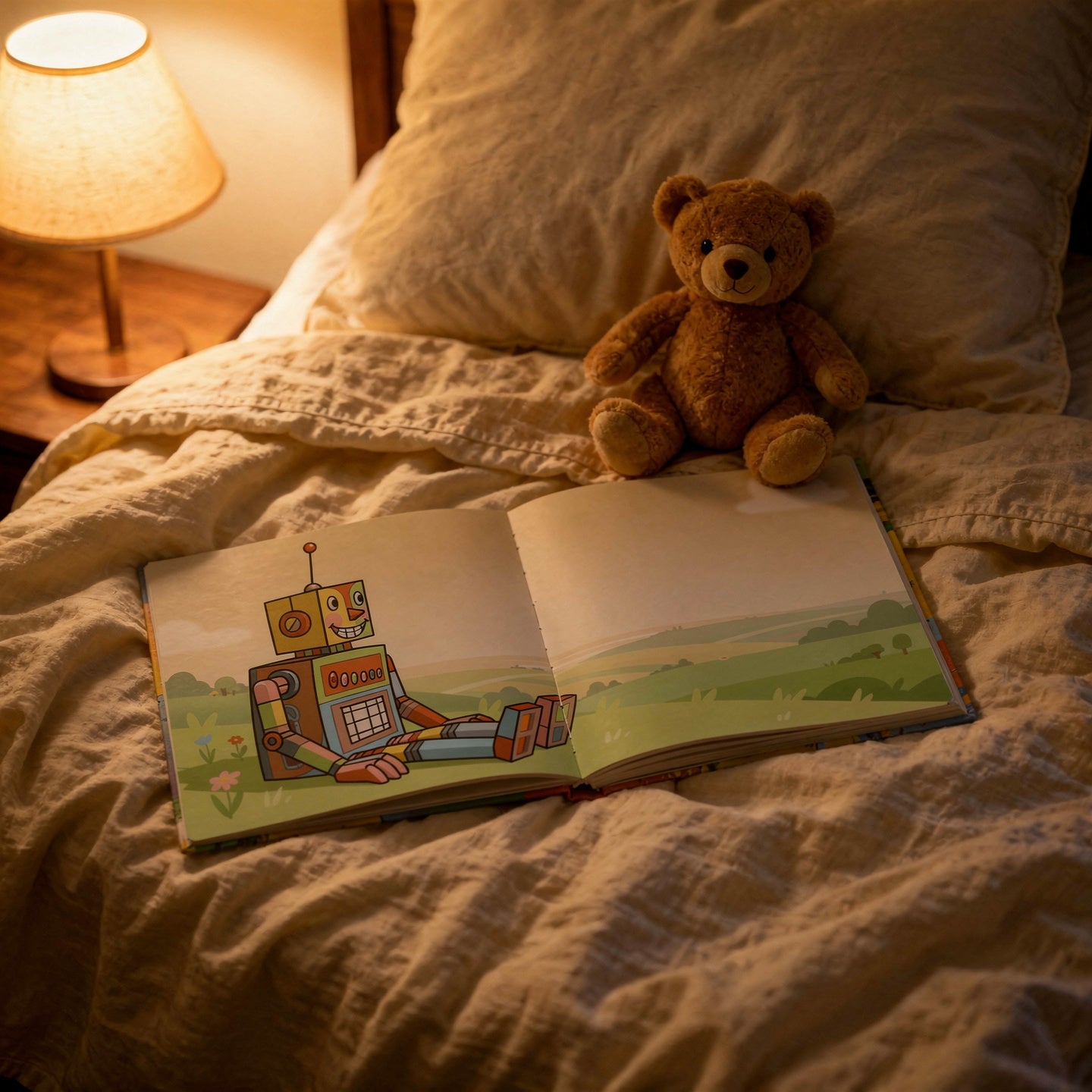 Aufgeschlagenes KrixelBook Softcover mit Roboter-Illustration auf dem Kinderbett – Gute-Nacht-Bilderbuch