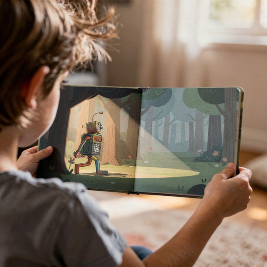 Kind entdeckt sein personalisiertes KrixelBook Softcover – Roboter-Bilderbuch