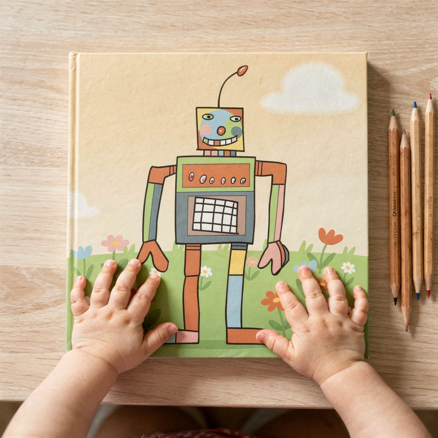 Kinderhände auf dem quadratischen KrixelBook Softcover mit Roboter-Cover – personalisiertes Kinderbuch